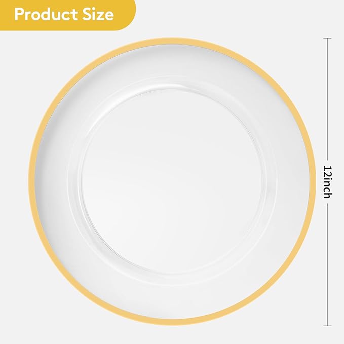 Goodluck 12 Inch Disposable Charger Plates Plastic, 100 Pack Plastic Clear Charger with Gold Rim, Gold Charger Plates for Dinner, Wedding, Party