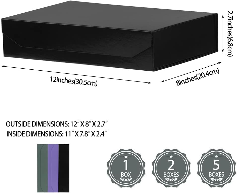 5 Pack Black Gift Boxes with Lids Small 12 x 8 x 2.7 Inches Clothes Gift Boxes for Presents Shirt Gift Boxes with Ribbon Magnetic Gift Boxes Bulk Cute Box for Packaging (Glossy Surface)