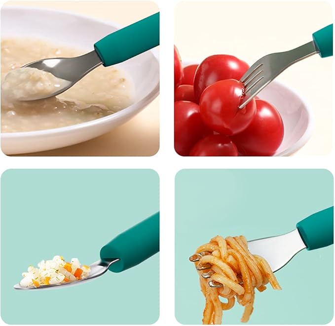 Baby Forks and Spoons Set Baby Training Utensils Self Feeding Toddler Silverware Silicone and Stainless Steel Kids and Toddler Utensil (Green Dinosaur - Long)
