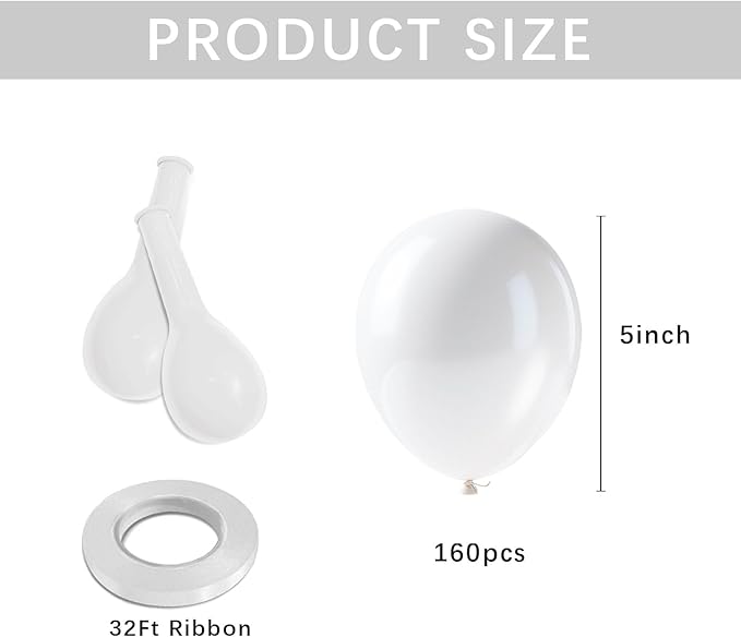 160pcs White Balloons,5 Inch Small Latex Party Balloon Matte Ballons for Balloons Arch or Garland for Birthday Wedding Bridal Baby Shower Bachelorette Graduation Anniversary Party Decorations
