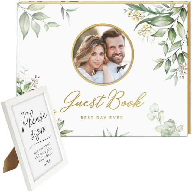 Wedding Guest Book with Photo Frame - Elegant Flower Design Hardcover with Golden Edges Wedding Guest Book - 120 Pages for Wedding Reception, Bridal Shower, and Special Events