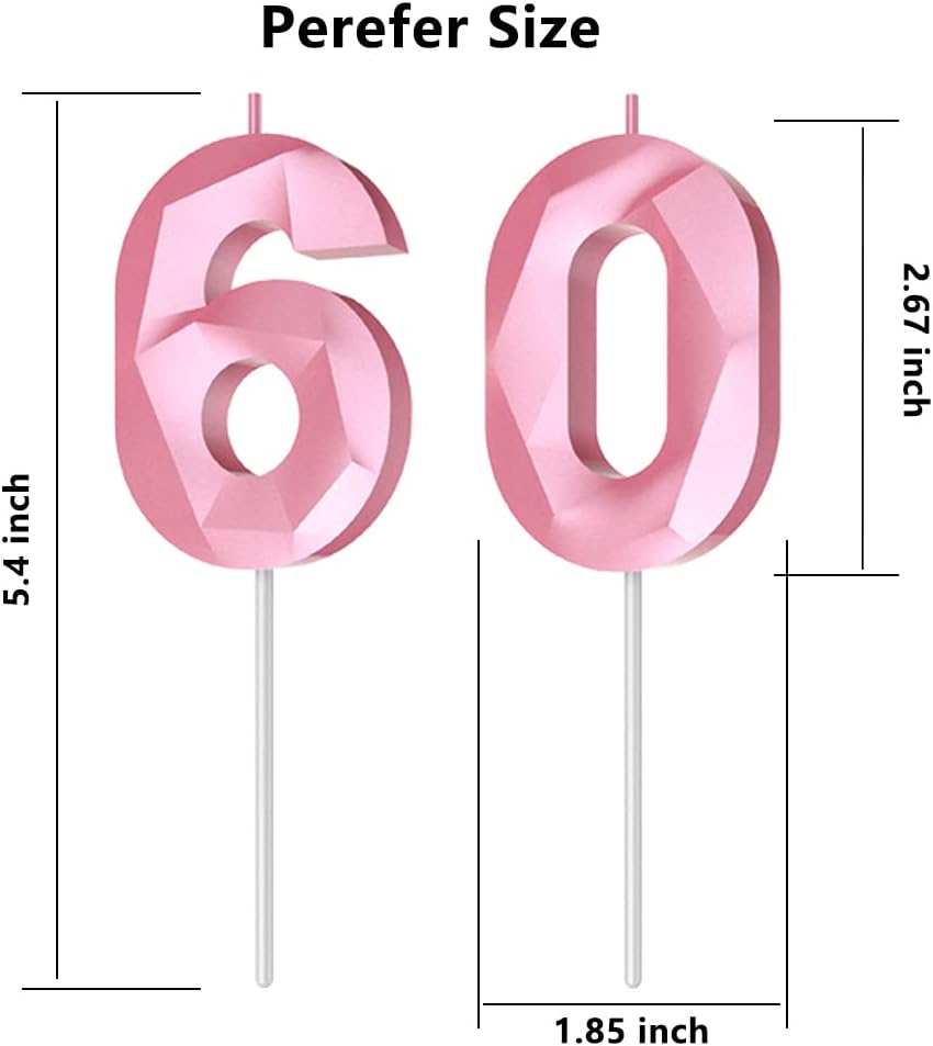 Number Birthday Candles(60 Candle Pink) 3D Diamond Shape 60th Happy Birthday Cake Topper Decorations for Women Men Birthday Wedding Anniversary Celebration Theme Party Supplies