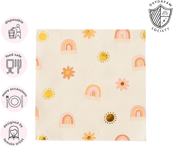 Daydream Society Boho Rainbow - Large Paper Napkins - Rainbow Party Napkins in Pastel Colors with Gold Foil - Pack of 16 Dinner Napkins - For Birthdays, Baby Showers, and Summer Gatherings