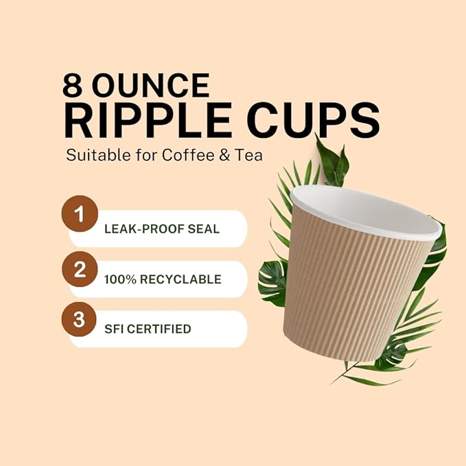 Ripple Paper Cups 8 oz 500 Pack for Coffee & Tea | Bulk 500 Count for Home, Office, Restaurants & Coffee Shops | Recyclable, Insulated, & Disposable 8 Ounce To-Go Cups for Hot Beverages