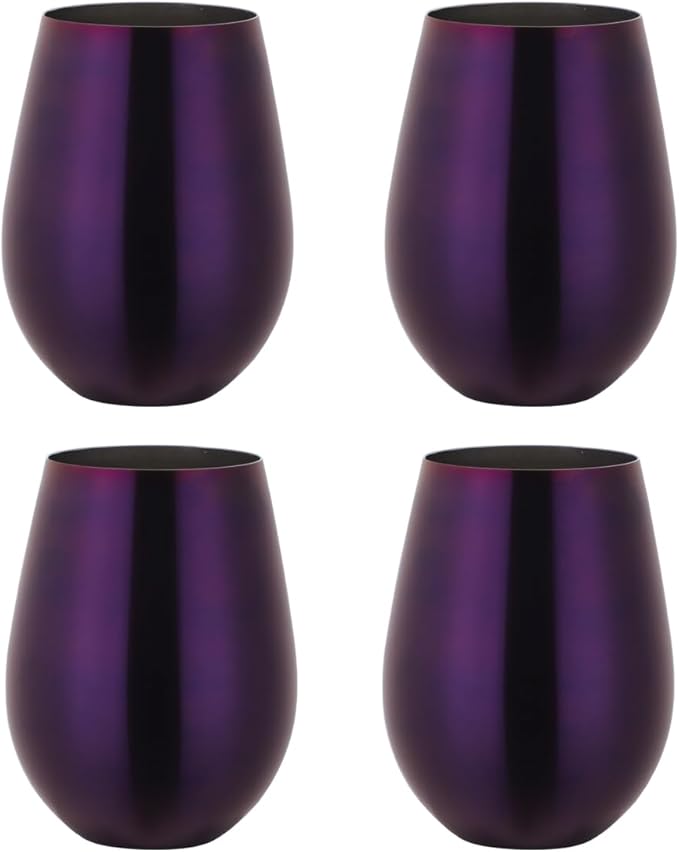Buyer Star 304 Stainless Steel Wine Glasses Set of 4 - Large 17 oz Outdoor Stemless Wine Tumblers - 100% Unbreakable & Stemless Metal Drinking Cups for Home and Outdoors (Purple, Set of 4)