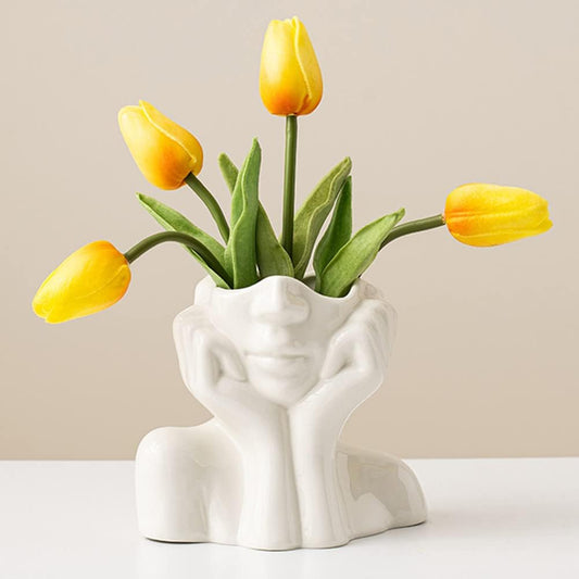 White Ceramic Face Vase, Female Form Head Half Body Bust Vases Boho Feminist Minimalism Decorative Modern Nordic Style Flower Vase for Home Living Room Office Book Shelf Decor (Medium)