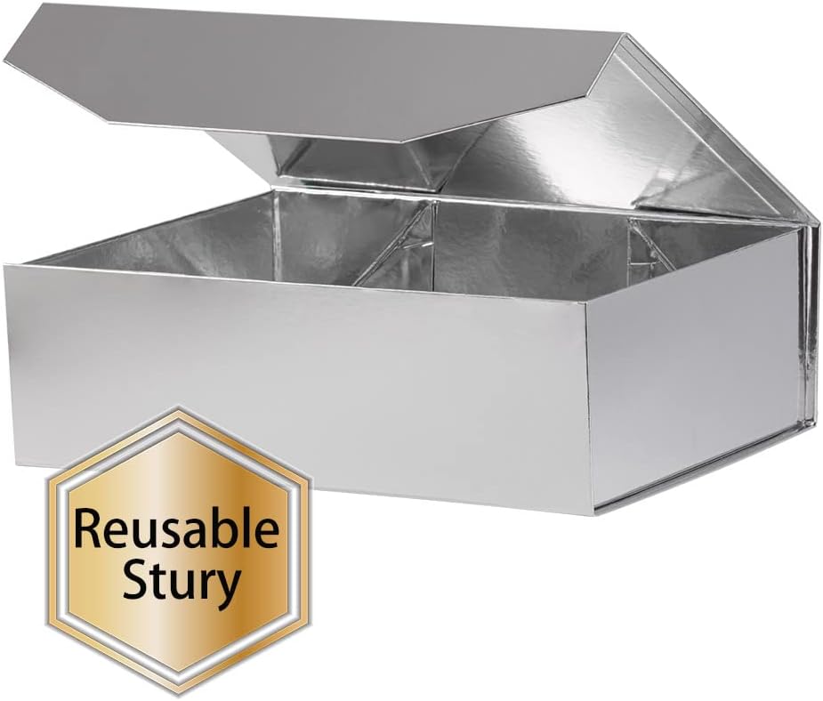 5 Silver Large Gift Boxes with Lid 13x9x4 Inches, Bridesmaid Proposal Boxes, Hard Collapsible Gift Box with Magnetic Closure, Groomsman Box Reusable Gift Boxes for Clothes (Glossy Silver)