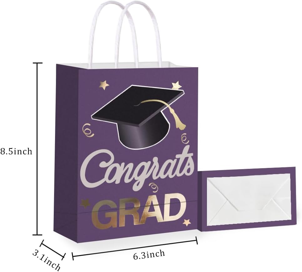12 Pieces Graduate Gift Bags, Graduation Party Favor Gifts Wrapping Bags for Graduation Season Theme Party Supplies Decoration (Purple Gold)