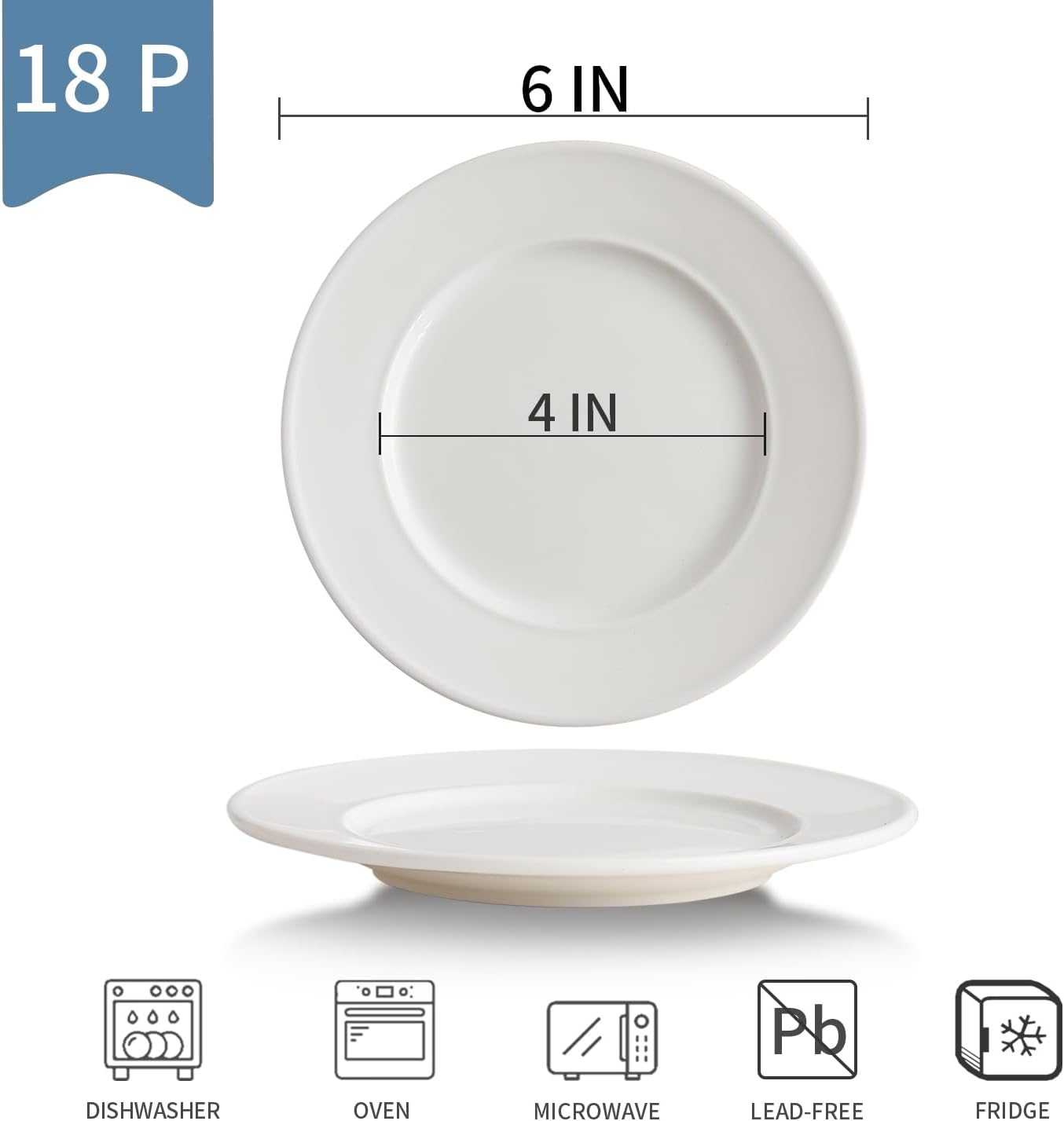 TAMAYKIM 18 Pieces 6 Inch Porcelain Dessert Plates, Small Appetizer Dinner Plate, Round Dinnerware Sets, Scratch Resistant, Microwave, Oven, and Dishwasher Safe, White
