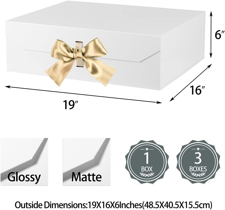 Extra Large White Gift Box 19x16x6 Inches With Ribbon and Magnetic Lid, Groomsman Proposal Box, Rectangle Collapsible for Wedding Gown (Matte White)