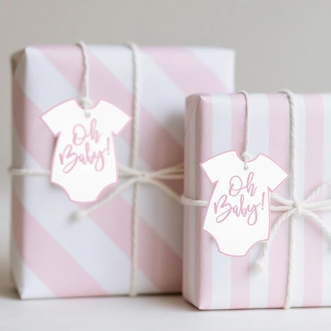 ASYEHJNR 100Pcs Gift Tags with String Pink Baby Clothes Oh Baby Sign Large Gift Tags with 65 Ft Jute Twine Cute Tags White Paper Gift Tag for Gender Reveal It's a Girl Baby Shower Party Gift Wrap Tag