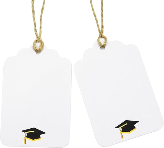 ASYEHJNR 100Pcs Blank Gift Tags with String Foil Black Gold Grad Cap Large Paper Gift Tags with 65 Ft Jute Twine for Congratulations Graduation Congrats Grad Class of 2025 Party