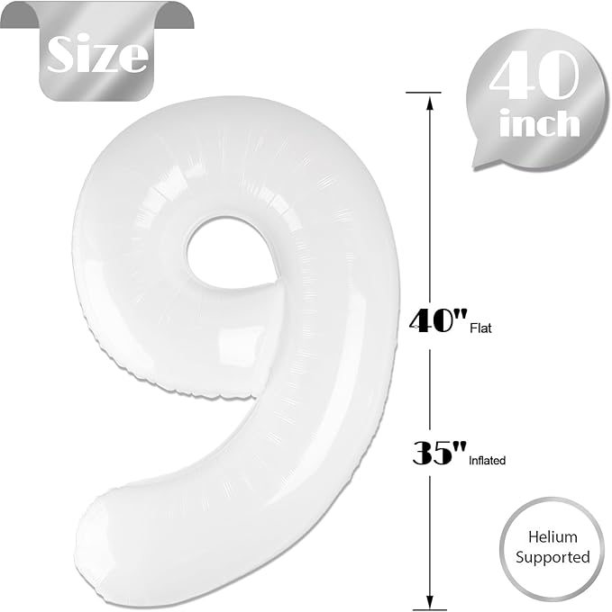 White 9 Balloon, Translucent Number Balloons 40 Inch, 9th Giant Birthday Decorations for Boys Girls, 19th 29th White Party Decorations Supplies, Number 9 Balloon