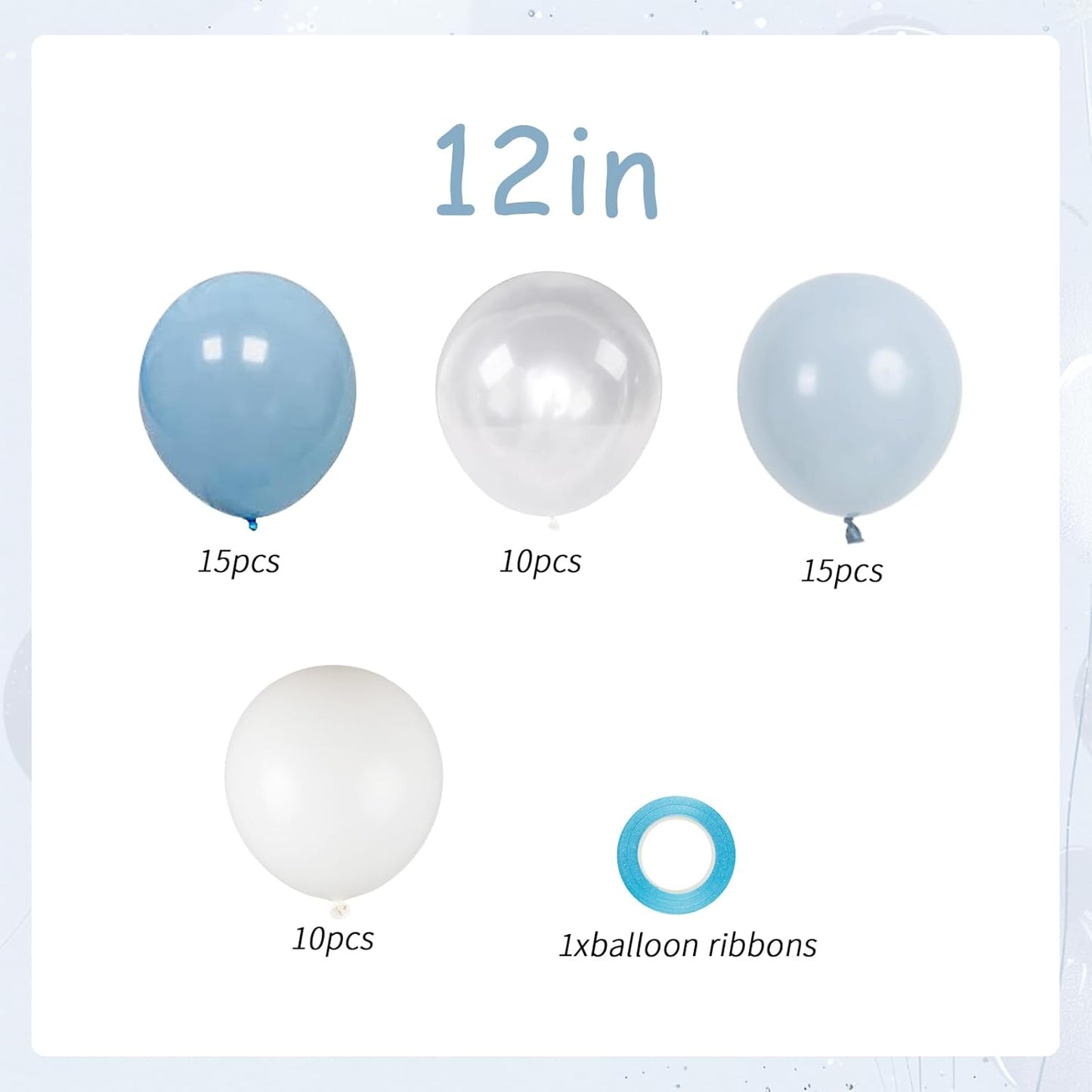 50pcs Dusty Blue Balloon Arch Kit, 12” Pastel Blue and White Clear Balloons for Birthday Wedding Baby Bridal Shower Themed Parties