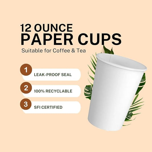 Paper Cups 12 oz 1000 Pack for Coffee & Tea Made in USA | Bulk 1000 Count for Home, Office, Restaurants & Parties | Recyclable Disposable 12 Ounce To-Go Cups for Hot Drinks