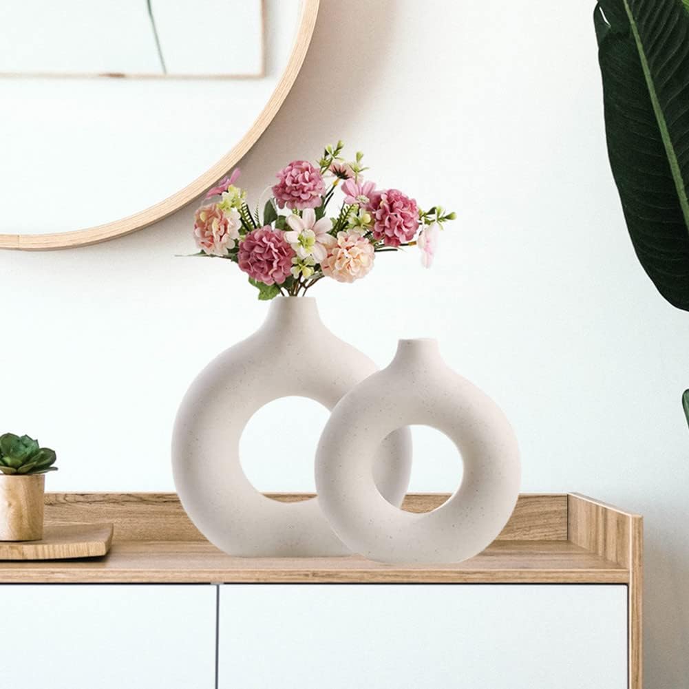 White Circle Ceramic Vase for Decor, Circular Matte Hollow Donut Flower Vases Decorative Minimalist Modern Nordic Boho Style for Home Living Room Office Bedroom Table (H7.5'' × W7.1'')