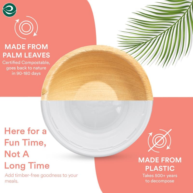 ECO SOUL 100% Compostable, Biodegradable, Disposable Palm Leaf Bowls, Like Bamboo Bowls, Eco-friendly | Sturdy, Microwave & Oven Safe (100, Large 6" (16 Oz) | Round)