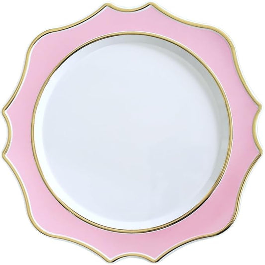 " OCCASIONS " 10 Pieces 13.25'' Scalloped Disposable/Reusable Plastic Charger Plates for Wedding, (Scalloped Imperial Light Pink & Gold)
