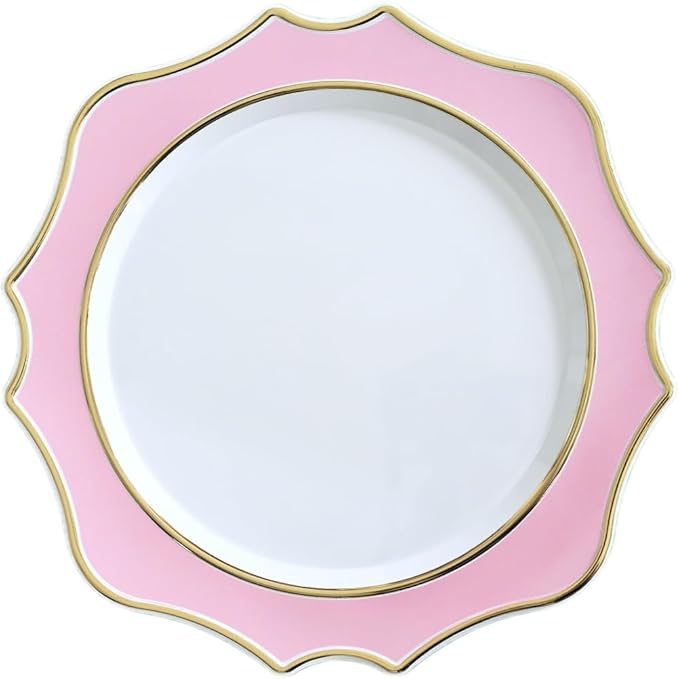 " OCCASIONS " 20 Pieces 13.25'' Scalloped Disposable/Reusable Plastic Charger Plates for Wedding, (Scalloped Imperial Light Pink & Gold)