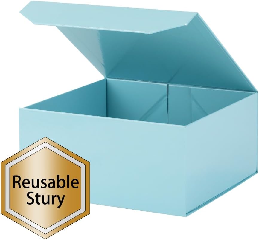 1 Pcs Small Blue Gift Box 8x8x4 Inch Magnetic Gift Box Small Magnetic Box with Crinkle Paper Blue Small Gift Box with Shredded Paper Luxury Gift Boxes with Lids for Presents