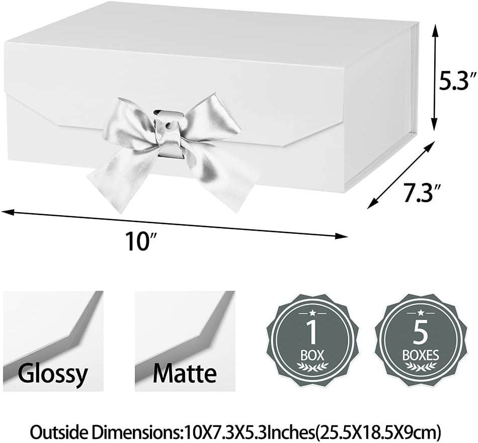 White Gift Box 10x7.3x3.5 Inches, Decorative Box with Ribbon, Empty Gift Box with Lid Magnetic Closure, Groomsman Box, Rectangle Collapsible Gift Boxes for Shirt (Glossy White)
