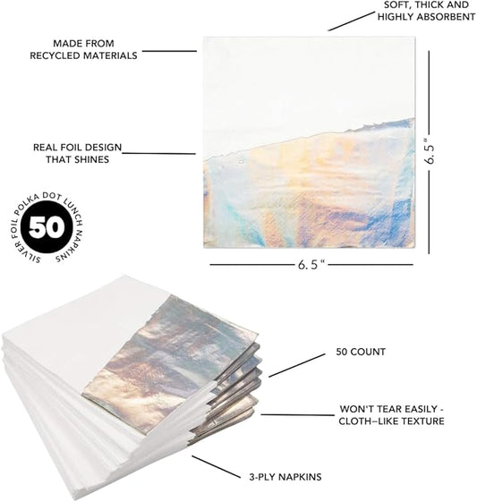 Andaz Press Holographic Silver Foil Dipped 6.5-Inch Lunch Iridescent Napkins Bulk 50-Pack Count, 3-Ply Disposable Modern Lunch Metallic Holographic Napkins for Iridescent Theme Party Baby Shower