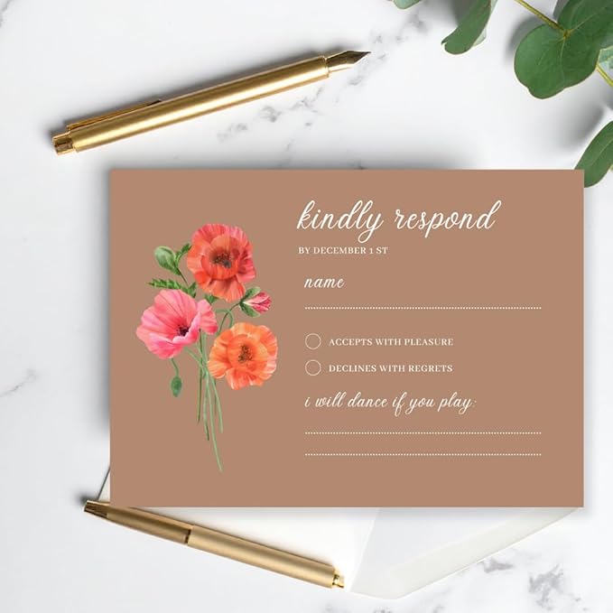 Personalized Wedding RSVP Cards On Glossy Thick Card With Envelope, Personalized Reponse, 5 x 3.5 Inches, Set of 15 Custom Cards with White Envelopes (Brown)