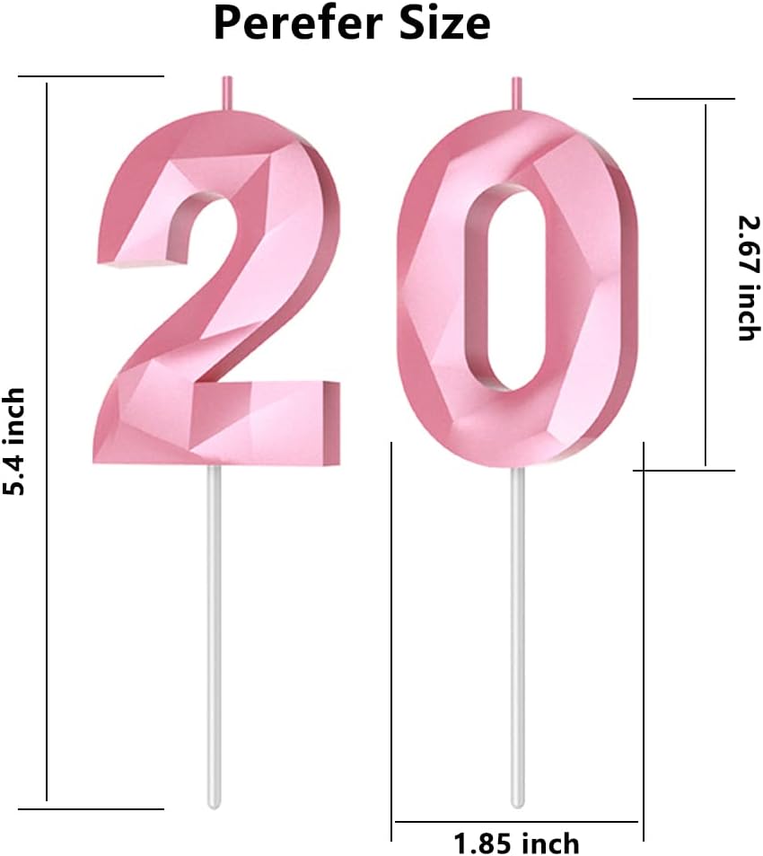 Number Birthday Candles(20 Candle Pink) 3D Diamond Shape 20th Happy Birthday Cake Topper Decorations for Women Men Birthday Wedding Anniversary Celebration Theme Party Supplies