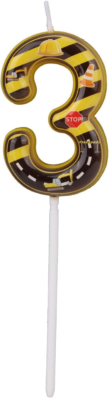 Construction Birthday Number Candles, Yellow & Black Striped Cake Topper Building Theme Party Decorations for Graduation Anniversary Celebration (Number 3)