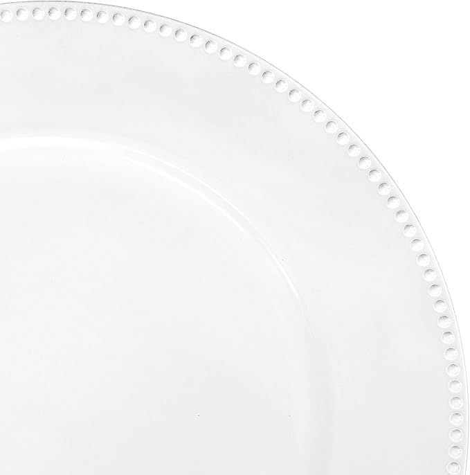 50 White Dinner Plates, 13" Round Beaded Decorative Chargers for Wedding, Holiday, Baby Shower Events (White)