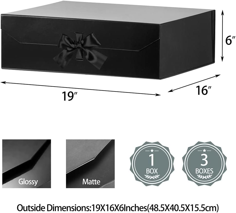Extra Large Black Gift Box 19x16x6 Inches, Huge Gift Box with Ribbon Lid Magnetic Closure, Groomsman Proposal Box, Gift Boxes for Wedding Dress (Glossy Black)