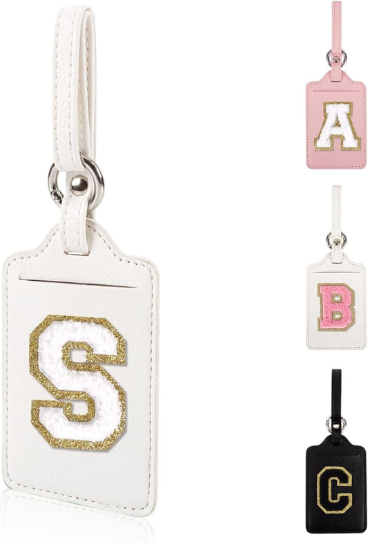 XSUIOY Personalized Initial Luggage Tags for Suitcases, Leather Chenille Letter Cute Luggage Tags with Privacy Name Card, Embroidered Travel Bag Backpack Tags Gifts for Women Kids Girls Teens (White)