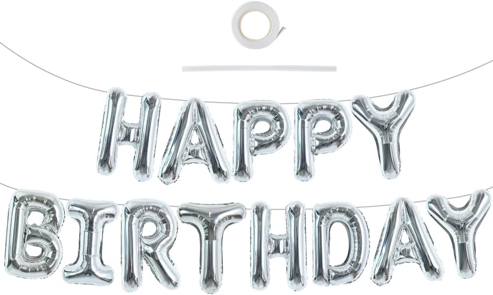 TONIFUL Laser Silver Happy Birthday Balloon Banner 16 Inch Mylar Foil Letters Birthday Sign Bunting Reusable for Girls Boys Kids & Adults Birthday Decorations and Party Supplies