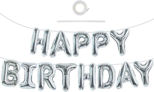 TONIFUL Laser Silver Happy Birthday Balloon Banner 16 Inch Mylar Foil Letters Birthday Sign Bunting Reusable for Girls Boys Kids & Adults Birthday Decorations and Party Supplies