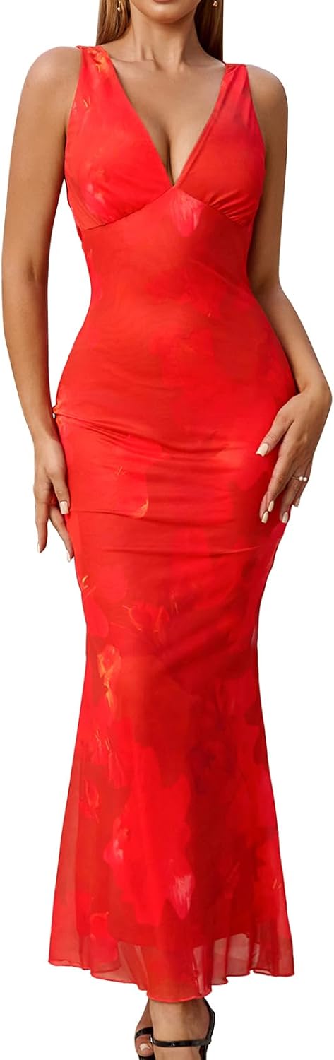 GLNEGE Women's Summer Floral Bodycon Maxi Dress Sexy Backless V Neck Wedding Guest Dresses 2025