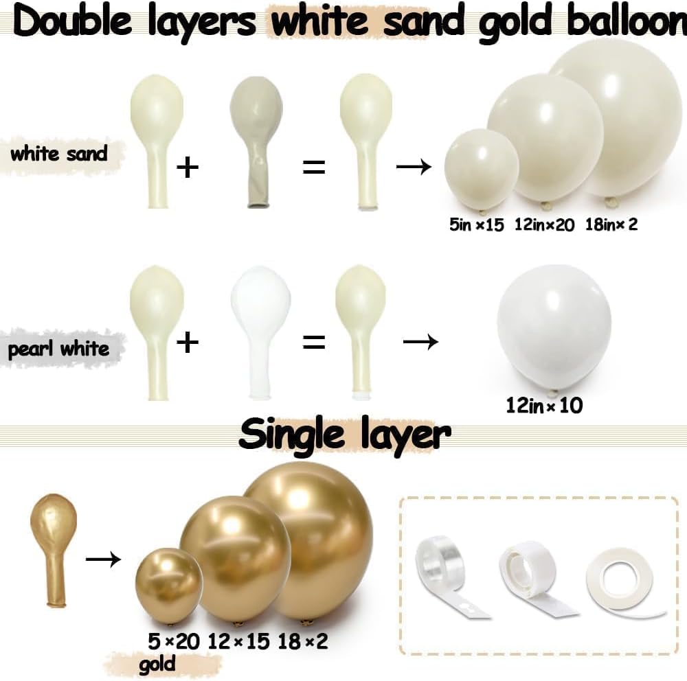 Beige Gold Balloons Double Stuffed Sand White Balloon Garland Pearl White Cream Balloons Metallic Gold Balloon Arch Kit for Birthday Wedding Bridal Anniversary Boho Baby Shower Party Decorations