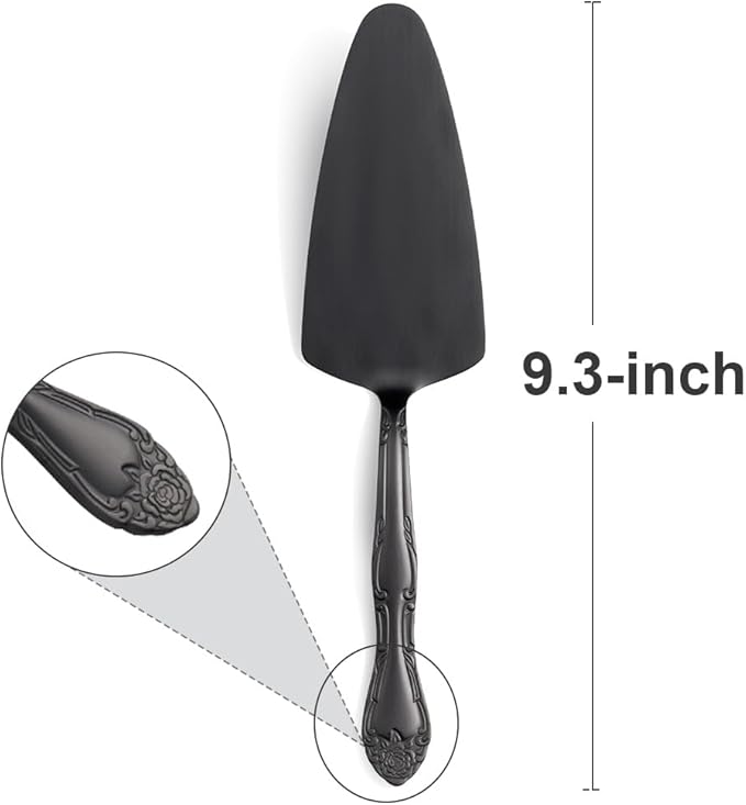 Deeny Jarte 3-Piece Cake Server Set - 9.3-Inch Matte Black 430 Stainless Steel with Rose Handle Design - Ideal for Cake, Pie, Pizza, and Dessert Serving - Dishwasher Safe Pastry Server Set