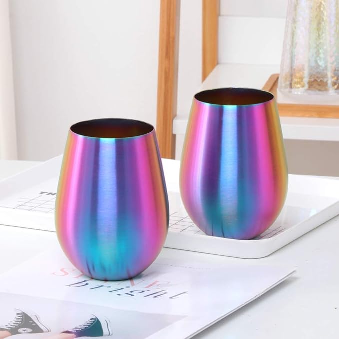 Buyer Star 304 Stainless Steel Wine Glasses Set of 2 - Large 17 oz Outdoor Stemless Wine Tumblers - 100% Unbreakable & Stemless Metal Drinking Cups for Home and Outdoors Dishwasher safe (Rainbow)