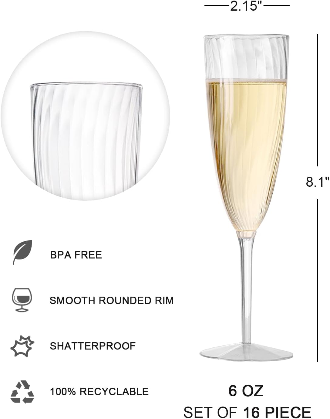 6 Oz Clear Plastic Champagne Glasses 16 Pack, Hard Disposable Plastic Champagne Flute Ideal for Home Daily Life Party Wedding Toasting Drinking Champagnes,New Years Eve Party Supplies