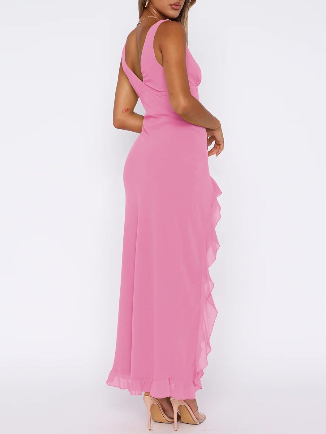 Women Sexy V Neck Sleeveless Mesh Ruffle Hem Bodycon Maxi Casual Backless High Slit Cocktail Party Dress