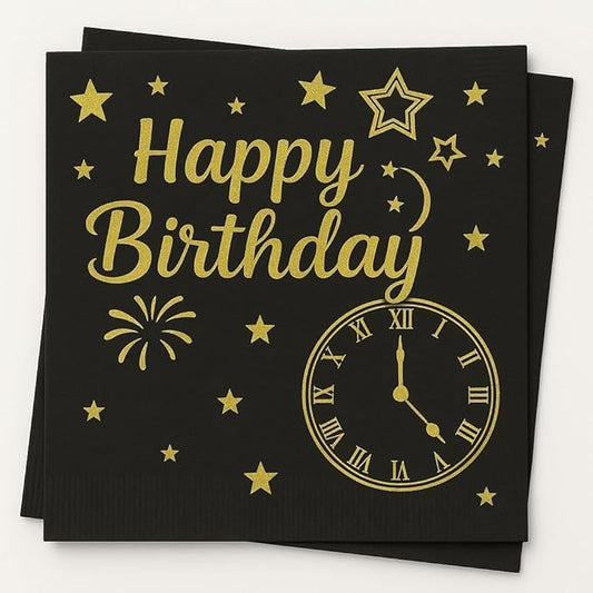 100 Black Happy Birthday Cocktail Napkins- 2-Ply Disposable with Gold Foil-Elegant Party Napkins for Drinks, Bars, Birthdays, and Celebrations (100 Count)