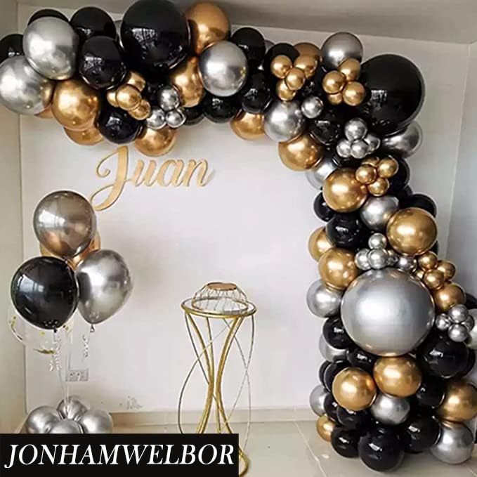 Jonhamwelbor Black Balloons 12 inch 100 Pack Black Latex Metallic Chrome Balloons for Birthday Halloween Graduation Baby Shower Party Decorations (with Ribbon)