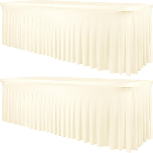 2 Packs Ivory Stretch Table Skirts for 8 Foot Rectangle Table, Washable Spandex Stretch Tablecloths with Skirt, Wrinkle Resistant Fitted Tablecover for Wedding Party Banquet