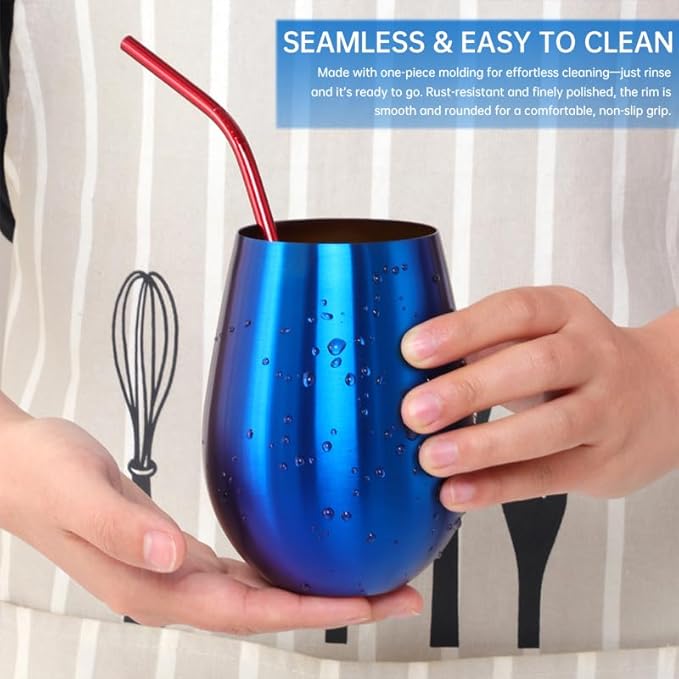 Buyer Star 304 Stainless Steel Wine Glasses Set of 4 - Large 17 oz Outdoor Stemless Wine Tumblers - 100% Unbreakable & Stemless Metal Drinking Cups for Home and Outdoors Dishwasher safe (Blue)