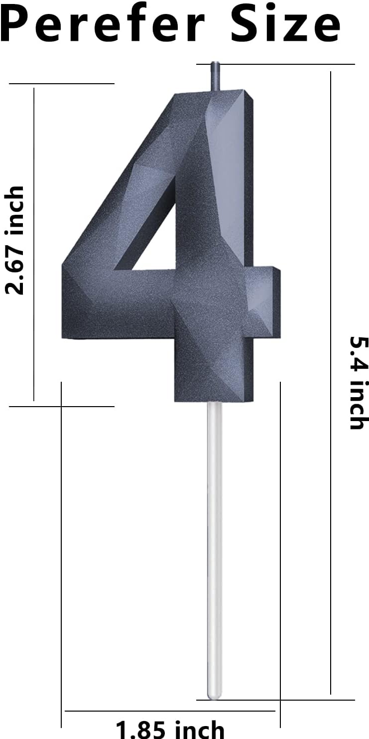 Number Birthday Candles(4 Candle Black) 3D Diamond Shape 4th Happy Birthday Cake Topper Decorations for Boy Men Birthday Wedding Anniversary Celebration Theme Party Supplies