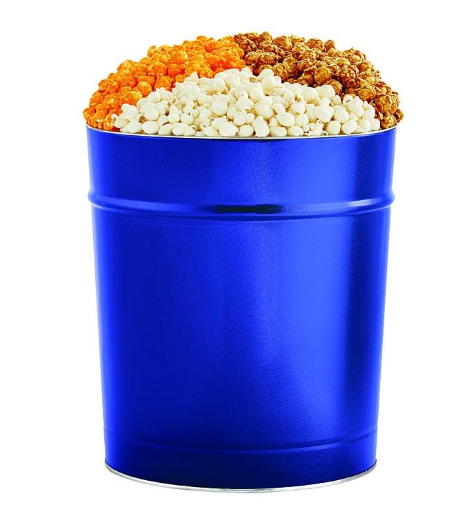 The Popcorn Factory Popcorn Tin with 3 Popcorn Flavors, Robust Cheddar, White Cheddar, Caramel, Large Tub 3.5 Gallons, Snack Gifts, Perfect for Any Occasions, Movie Night Snacks, Holidays, Christmas