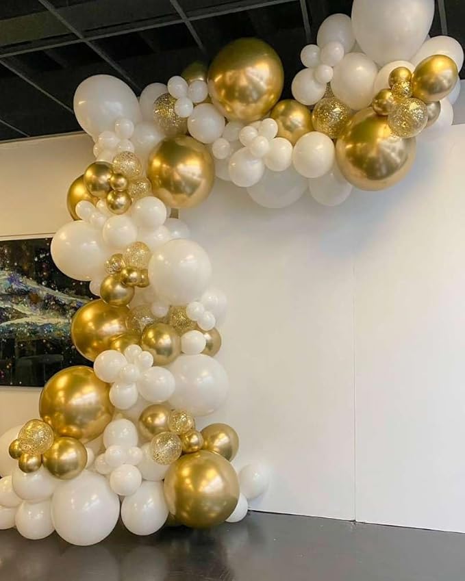 White and Gold Balloon Arch Garland Kit 153pcs with Star, 22 18 12 10 5in Different Size White Metallic Gold Confetti Latex Balloons for Birthday Anniversary Wedding Baby Shower Decoration