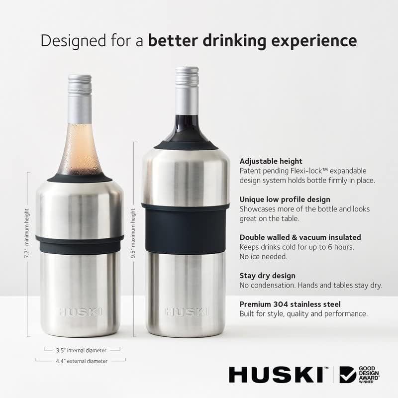 Huski Wine Chiller | Award Winning Iceless Design | Keeps Wine Cold up to 6 Hours | Wine Accessory | Next Generation Ice Bucket | Fits Some Champagne Bottles | Perfect Gift for Wine Lovers (Black)