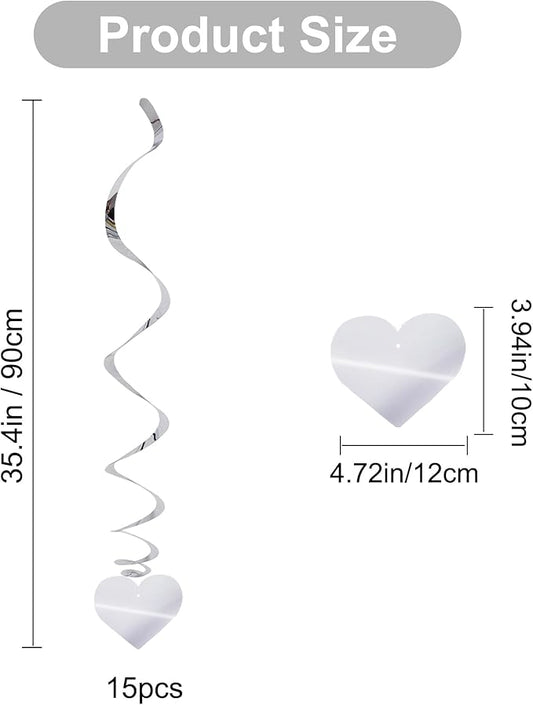 BEISHIDA Happy Valentine's Day Hanging Swirls Valentine's Decorations Silver Heart Hanging Ornament Wedding Anniversary Engagement Proposal Party Supplies Romantic Party Decorations Pack of 15