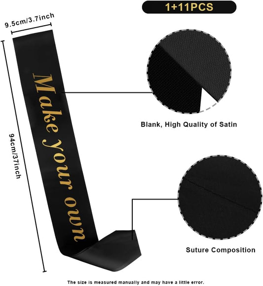 12pcs Satin Sash - White & Black Sash Party Favors for Graduation, Birthday, Bride To Be, Bridesmaid, Bachelorette, Prom Queen, Homecoming Court, President